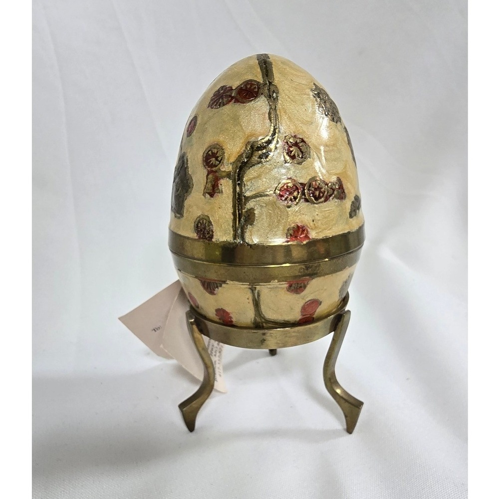 Vtg Roosters Mel Tillis brass enamel cloisonné egg trinket box w/stand